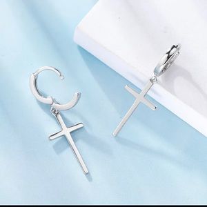 925 Stamped Silver Cross Charm Hoop Earrings